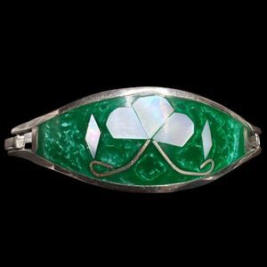 Vintage Alpaca Mexico Abalone Bangle Bracelet Silver Tone 7" Signed Green Enamel